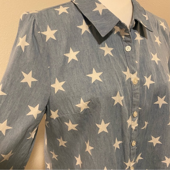 ModCloth Blue Cotton Chambray Star Print Long-Sleeve Button Shirt - Picture 8 of 15